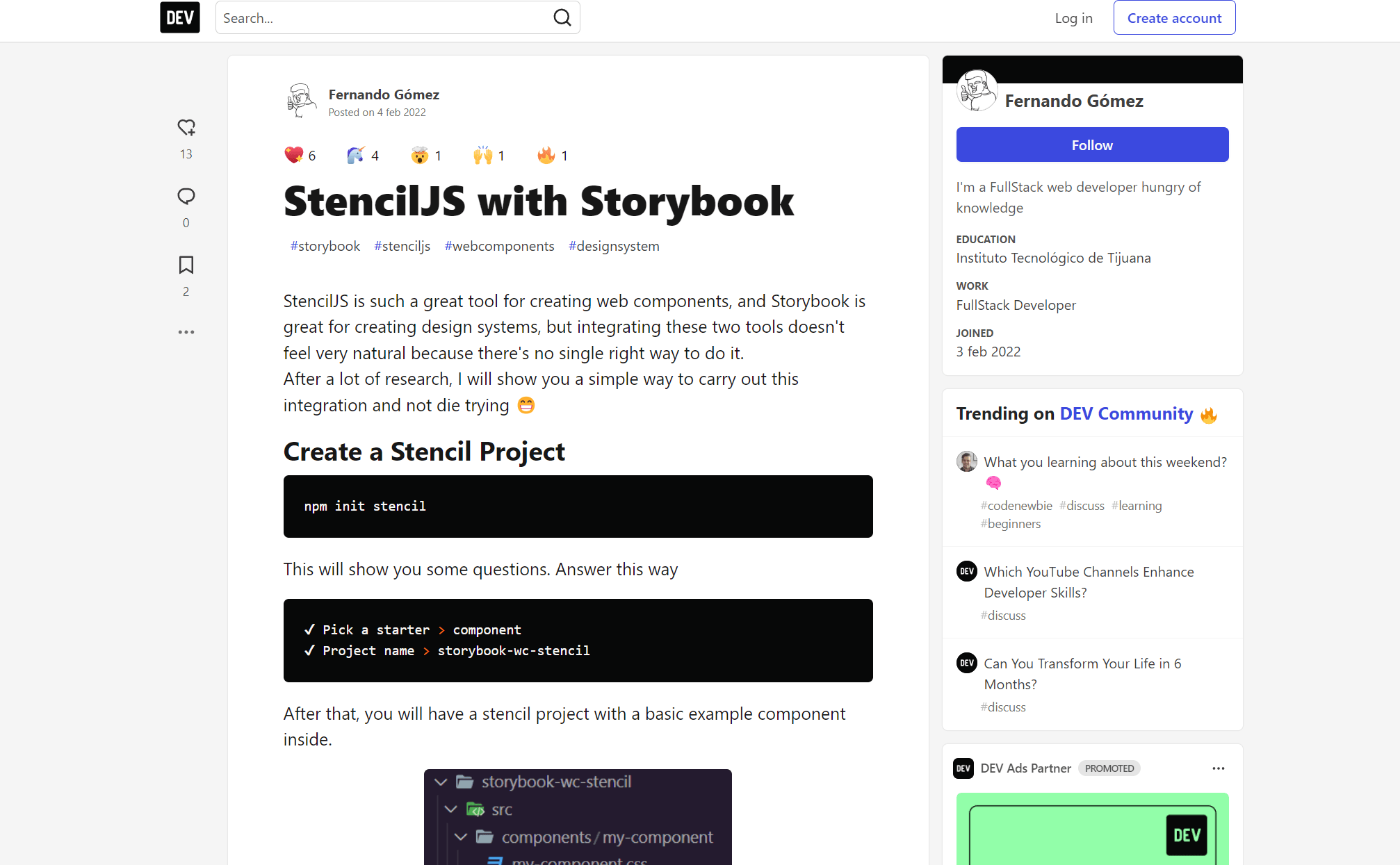 Post on dev.to: StencilJS with Storybook